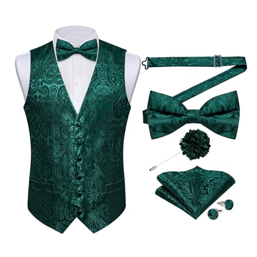 DiBanGu Seiden-Paisley-Weste für Herren, formelle Anzugweste und Fliege, Reversnadel-Set, 7-teilig, Weste für Anzug oder Smoking, Smaragdrün, Medium von DiBanGu