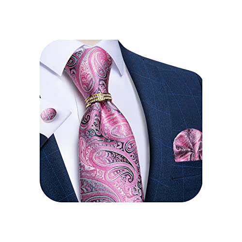 DiBanGu Seidenkrawatten für Herren und Krawattenring, gewebt, Einstecktuch, Manschettenknöpfe, mit Geschenkbox, Paisley-Streifen, solide Krawatte, formelle Hochzeit, Paisley Pink, Einheitsgröße von DiBanGu