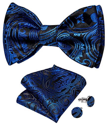 DiBanGu Selbstfliege-Set für Herren, Paisleymuster, gestreifte Fliege und Einstecktuch, Manschettenknöpfe für Hochzeit, Business, blau / schwarz, Einheitsgröße von DiBanGu