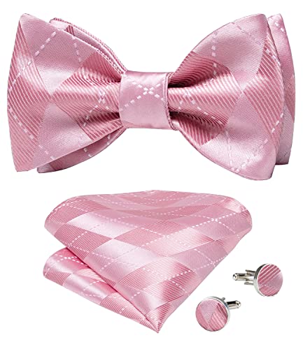 DiBanGu Selbstfliege-Set für Herren, Paisleymuster, gestreifte Fliege und Einstecktuch, Manschettenknöpfe für Hochzeit, Business, pinkes Karomuster, Einheitsgröße von DiBanGu