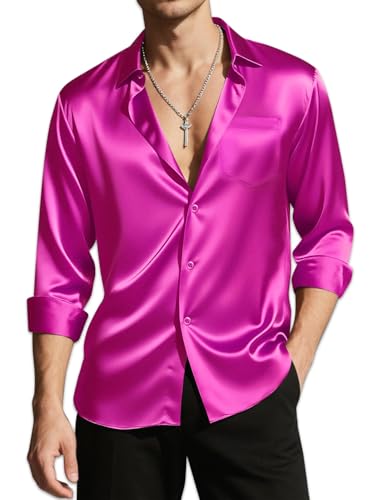 DiBanGu Solid Dress Shirt for Men Casual Long Sleeve Button Down Shirts Regular Fit Stretch Shirts Wrinkle-Free with Pocket, Satin, Fuchsia, XX-Large von DiBanGu