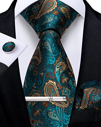 DiBanGu Turkis Paisley Krawatte für Herren Formellen Seidenkrawatte und Einstecktuch Manschettenknöpfe Hochzeit Party Krawattenklammer Set von DiBanGu