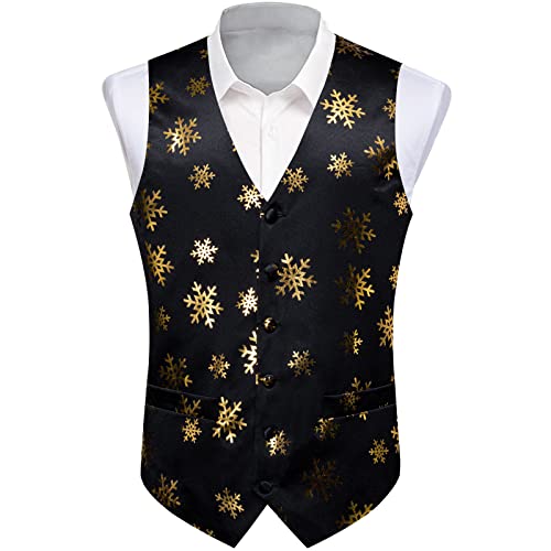 DiBanGu Weihnachtsanzug Weste für Herren Lustige Schneeflocke Weste Fliege Einstecktuch Manschettenknöpfe Set Festival Party Geschenke, Schwarz Gold, Medium von DiBanGu