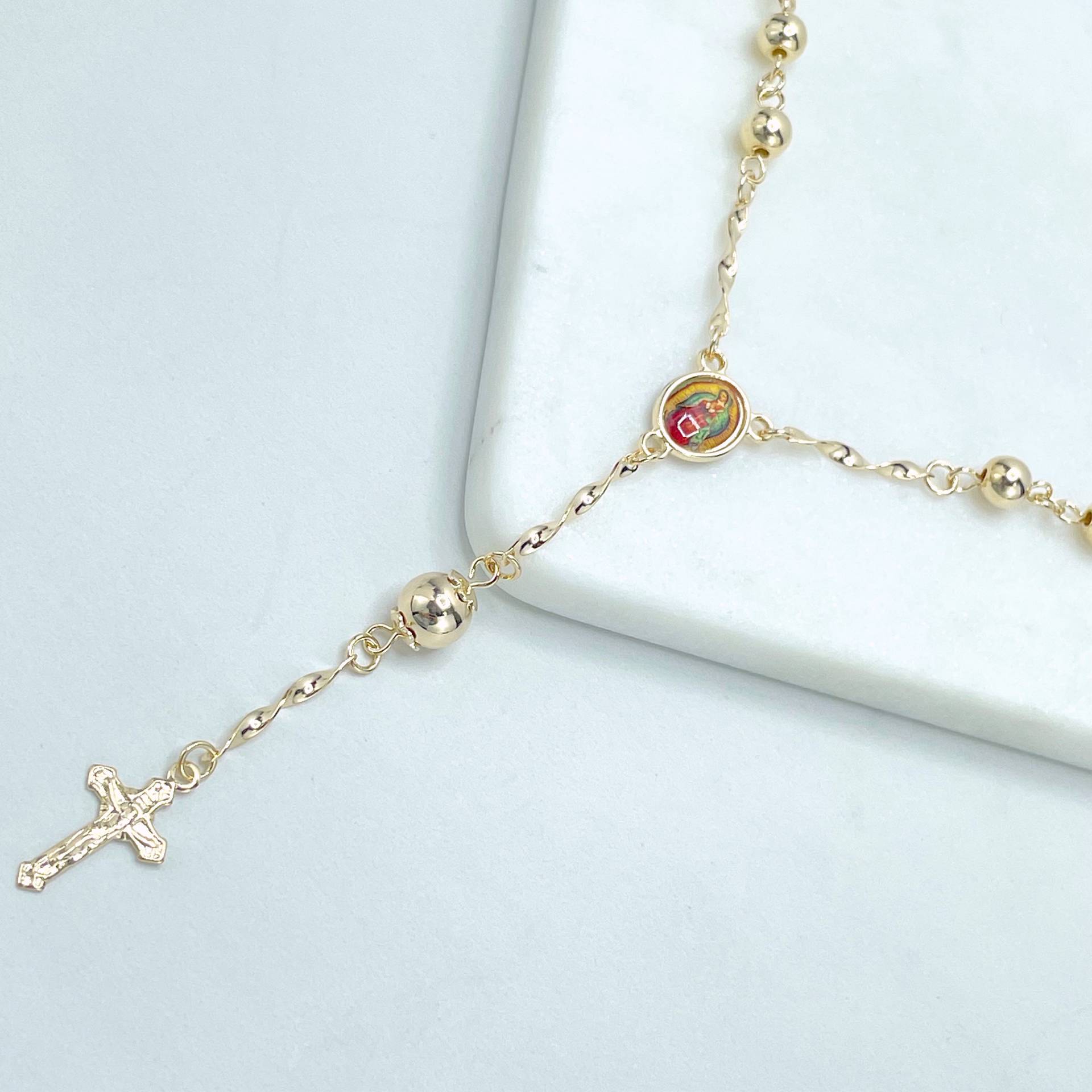 18K Gold Filled, 1mm Verdrehte Kette Mit Goldperlen, Gefärbt Unserer Lieben Frau Von Guadalupe, Virgen De Guadalupe Rosenkranz, Großhandel von DiJuJewels