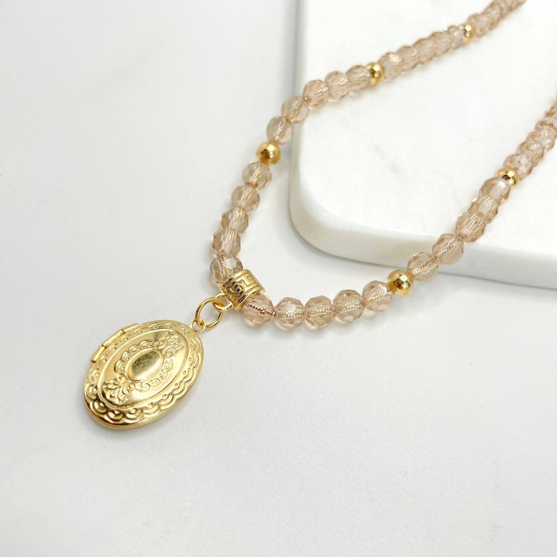 18K Gold Filled 1, 4 Mm Spiralkette Und Klare Beige Perlen Halskette Mit Vintage Foto Medaillon Anhänger, Großhandel Schmuckherstellung Zubehör von DiJuJewels