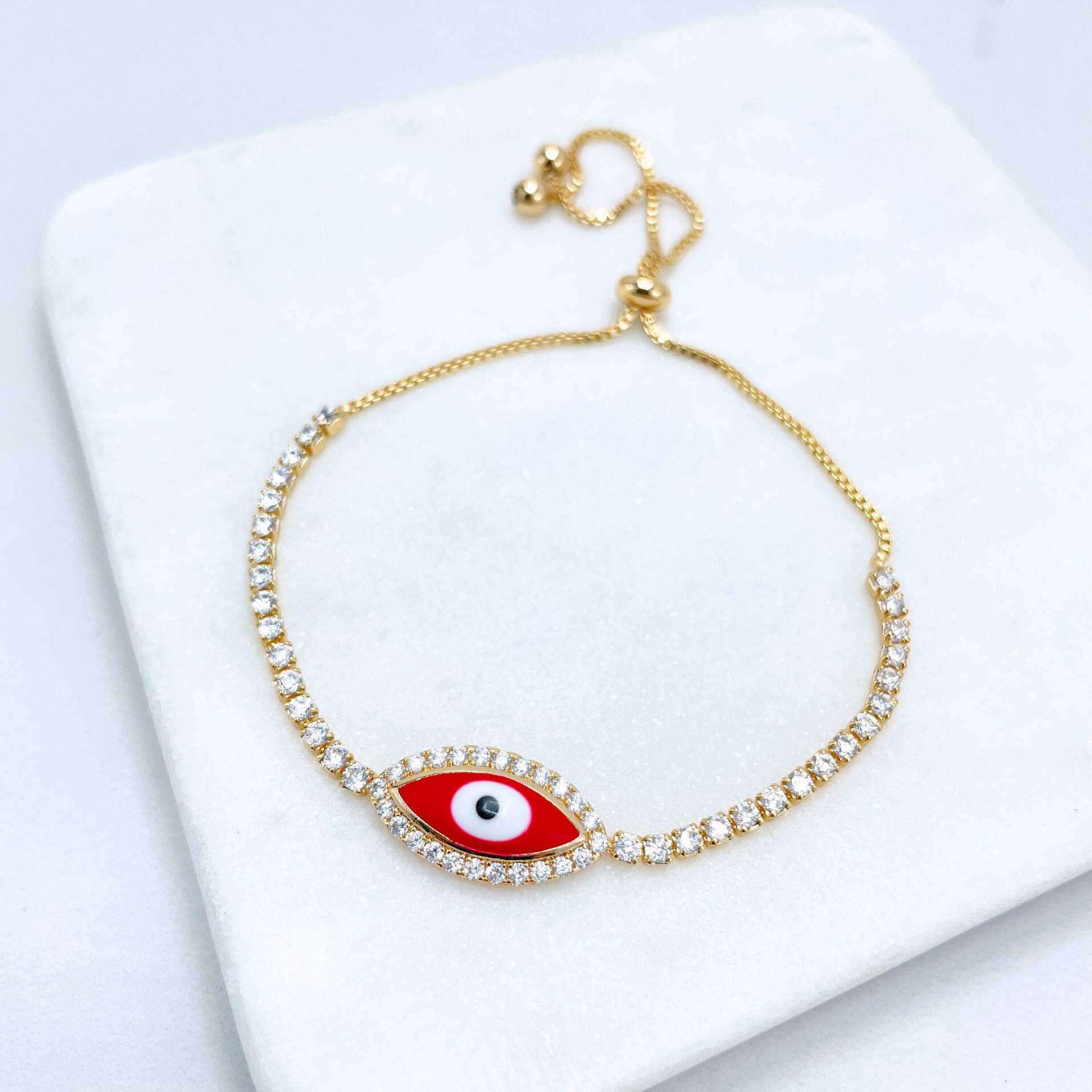 18K Gold Filled 1mm Box Kette, Rote Emaille & Zirkonia Böse Auge Form Charme, Verstellbares Armband, Großhandel Schmuckherstellung Zubehör von DiJuJewels