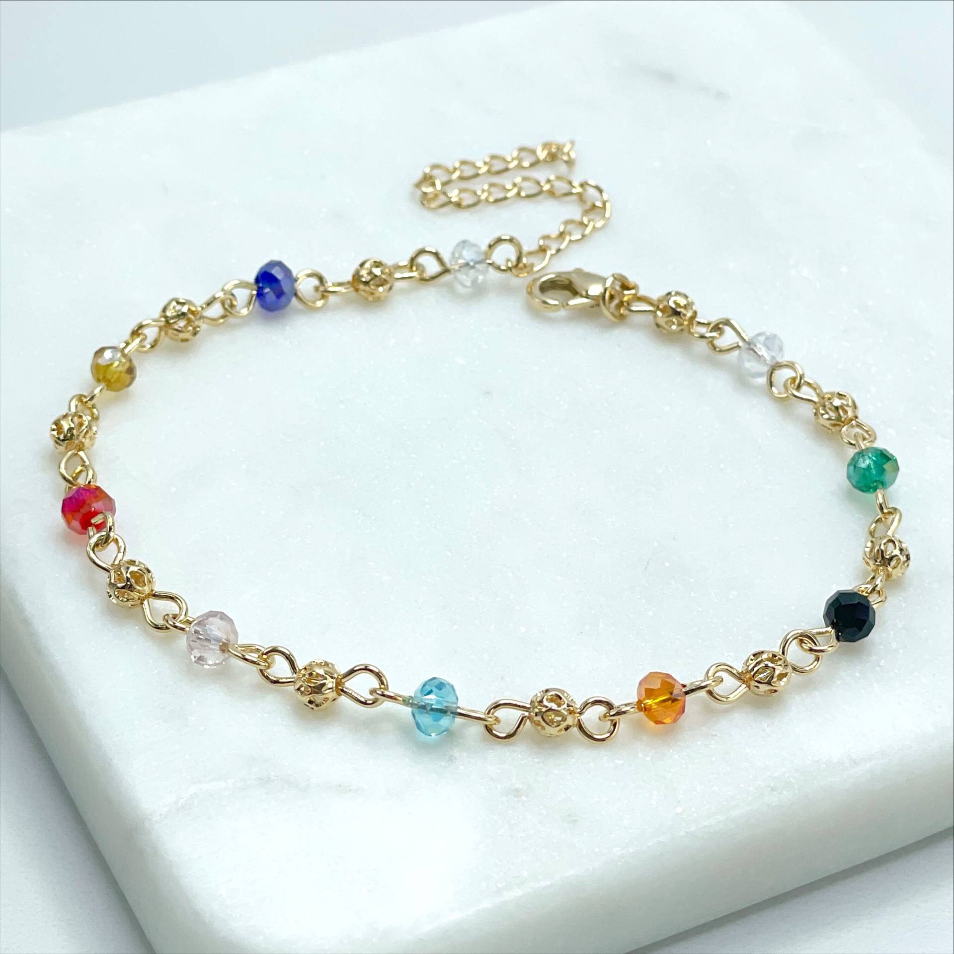 18K Gold Filled 3mm Farbiges Acryl Und Perlen Verbunden Armband Mit Verlängerung, Großhandel Schmuckherstellung Zubehör von DiJuJewels