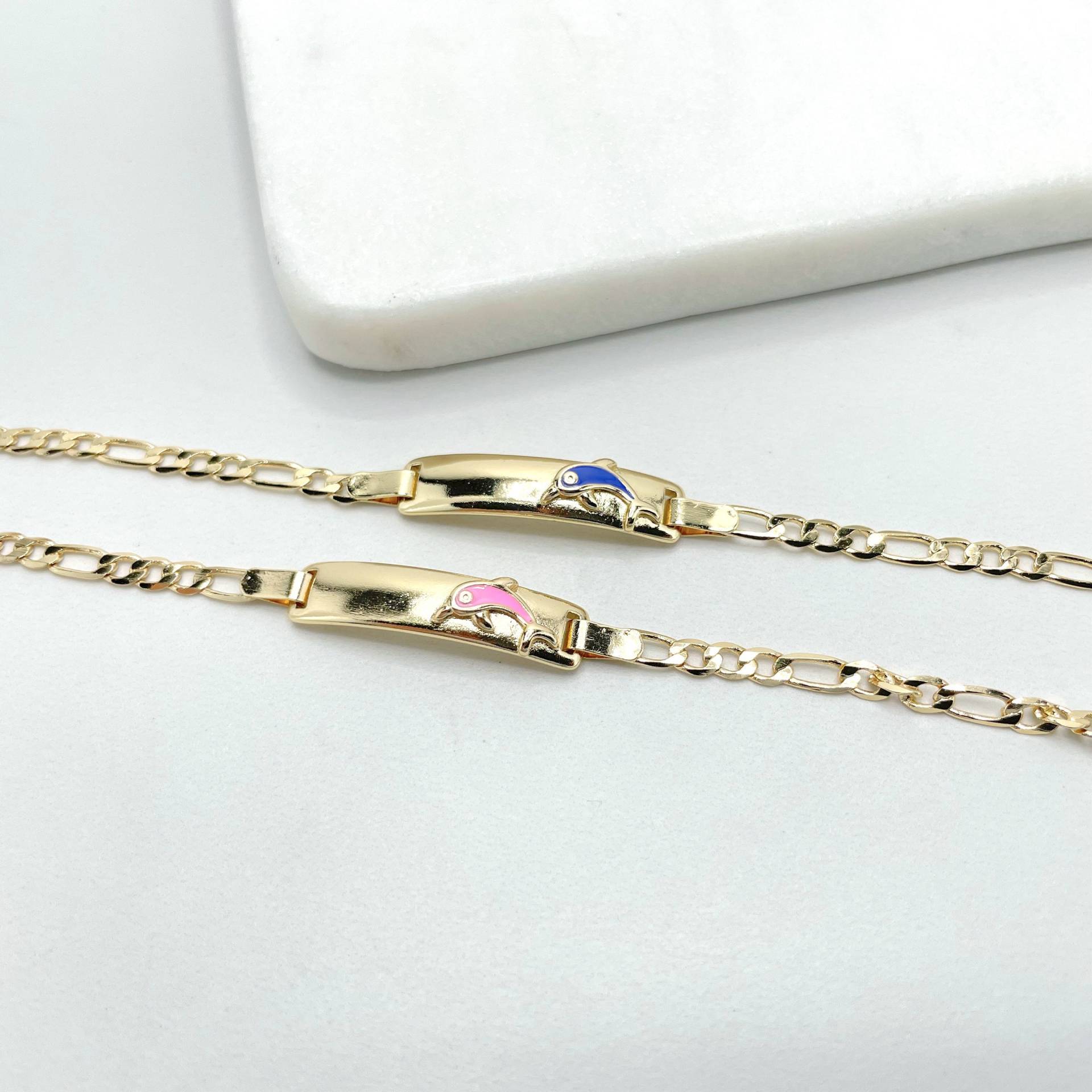 18K Gold Filled 3mm Figaro Gliederkette Mit Emaille Pink Oder Blau Delfin in Id Kinder Armband, Großhandel Schmuckherstellung Zubehör von DiJuJewels