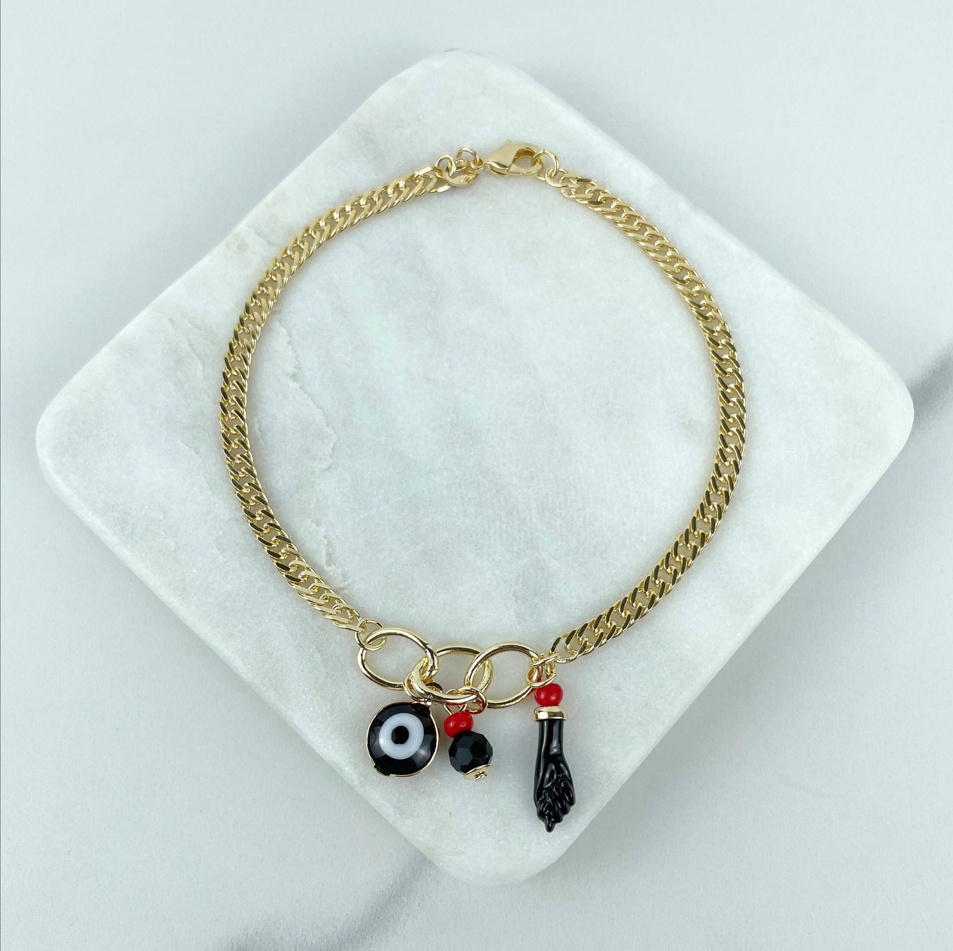 18K Gold Filled 4mm Curb Link, Figa Hand, Böses Auge, Simulierte Azabache Bead Charms Armband Großhandel Schmuckzubehör von DiJuJewels