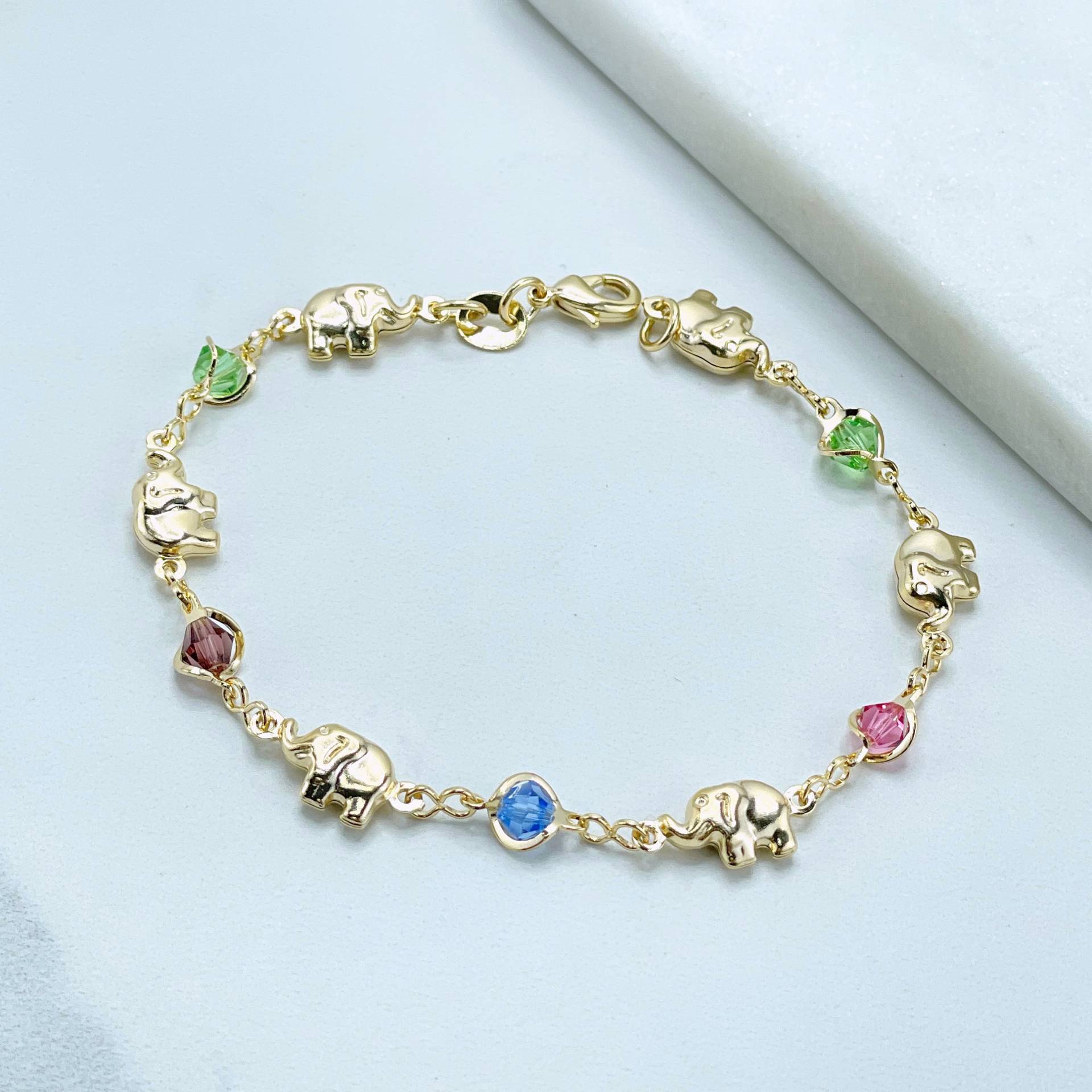 18K Gold Filled Multicolor Kristall Perlen Charme Und Elefant Charm Armband, Verbundene Elefanten Glücksarmband, Großverkauf-Schmucksachen von DiJuJewels