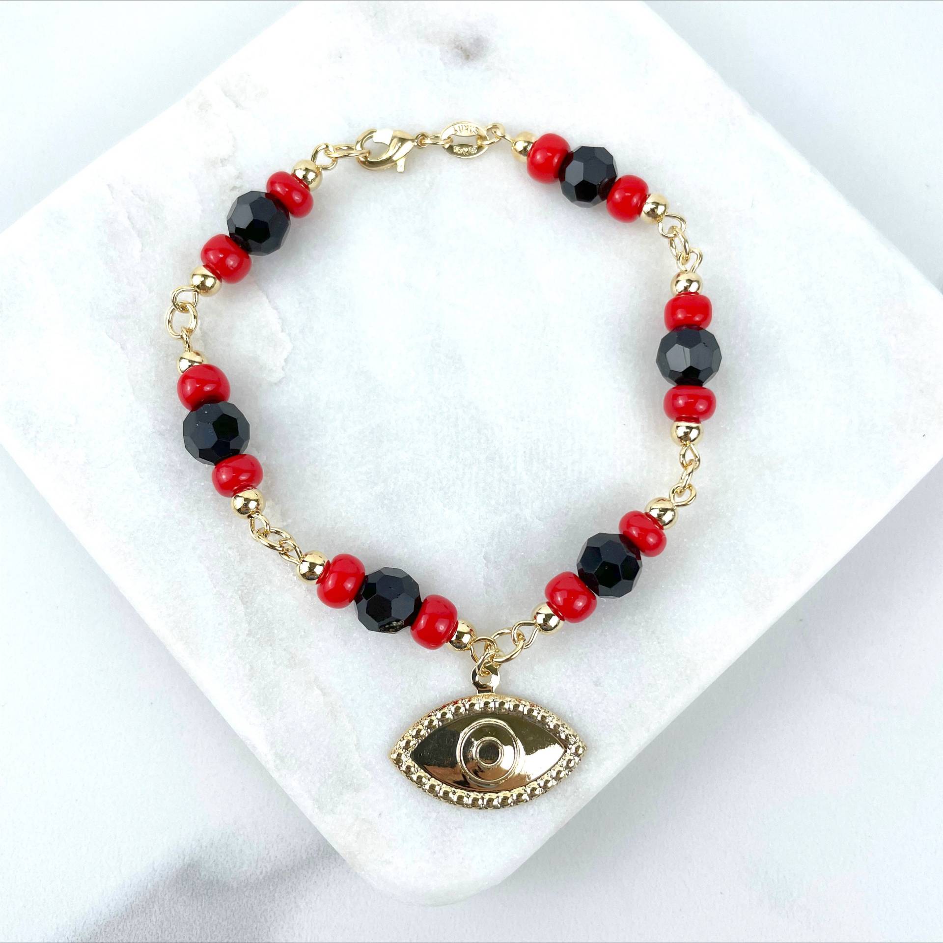 18K Gold Filled Schwarz, Rot & Perlen, Simulierte Azabache, Evil Eye Charms Armband Großhandel Schmuckherstellung Zubehör von DiJuJewels