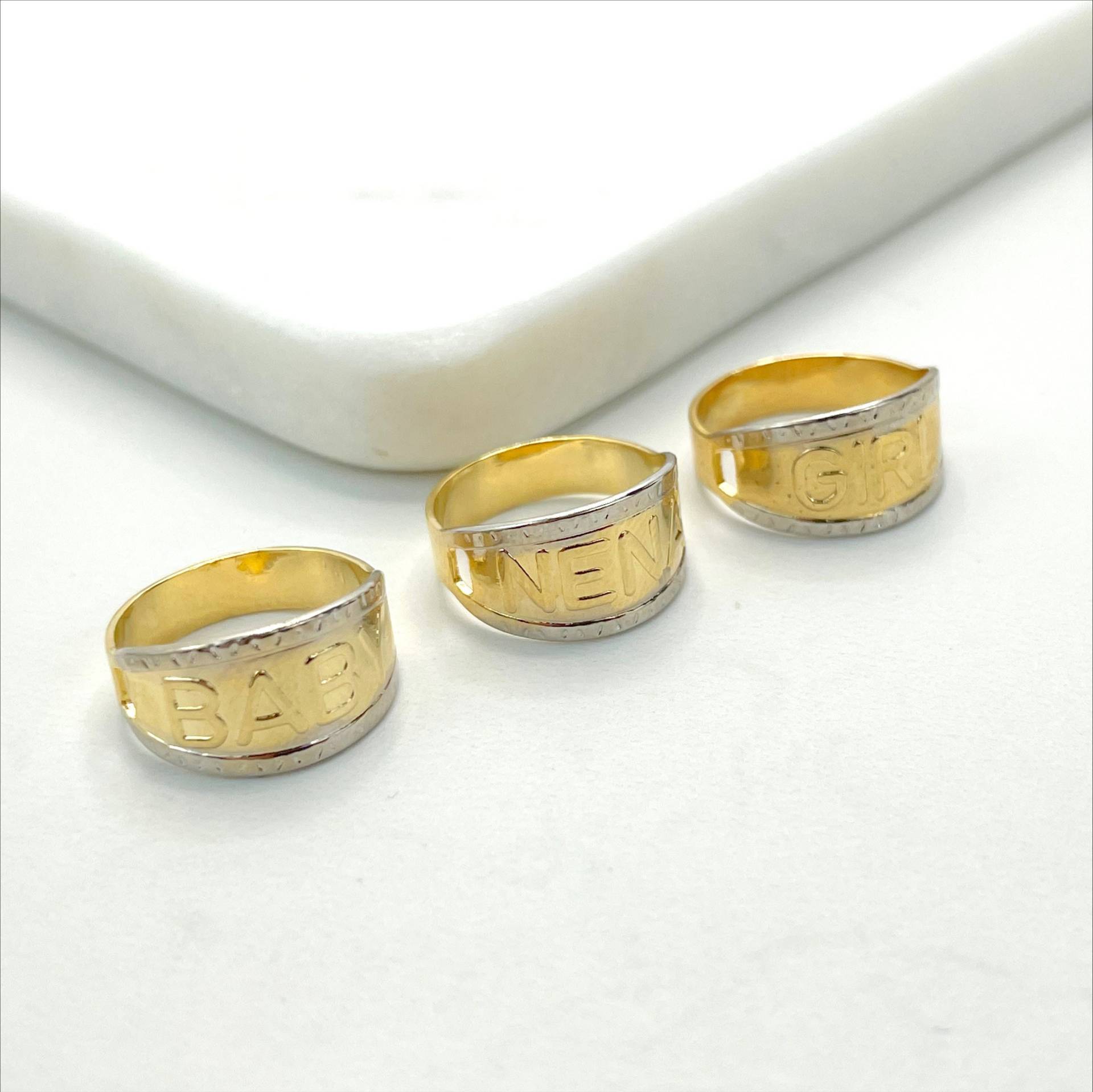 18K Gold Filled Two Tone Beschreibung Wort Mädchen, Nena Oder Baby Ringe Für Kinder Kleinkind Großhandel Schmuckherstellung Zubehör von DiJuJewels