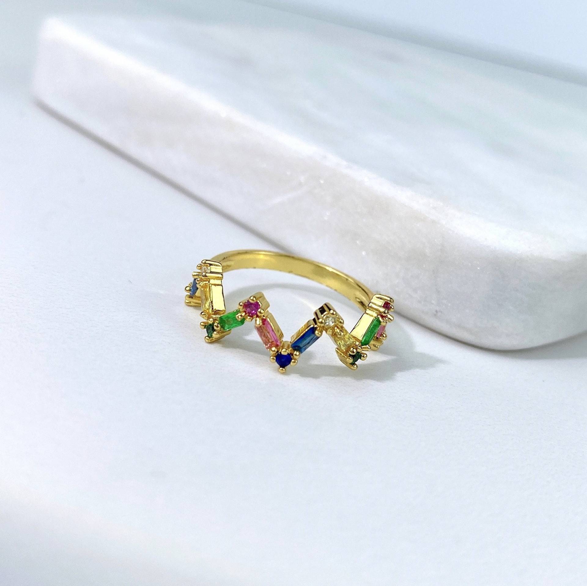 18K Gold Filled Zick Zack Regenbogen Farbige Zirkonia Wave Ring, Großhandel Schmuckherstellung Zubehör von DiJuJewels