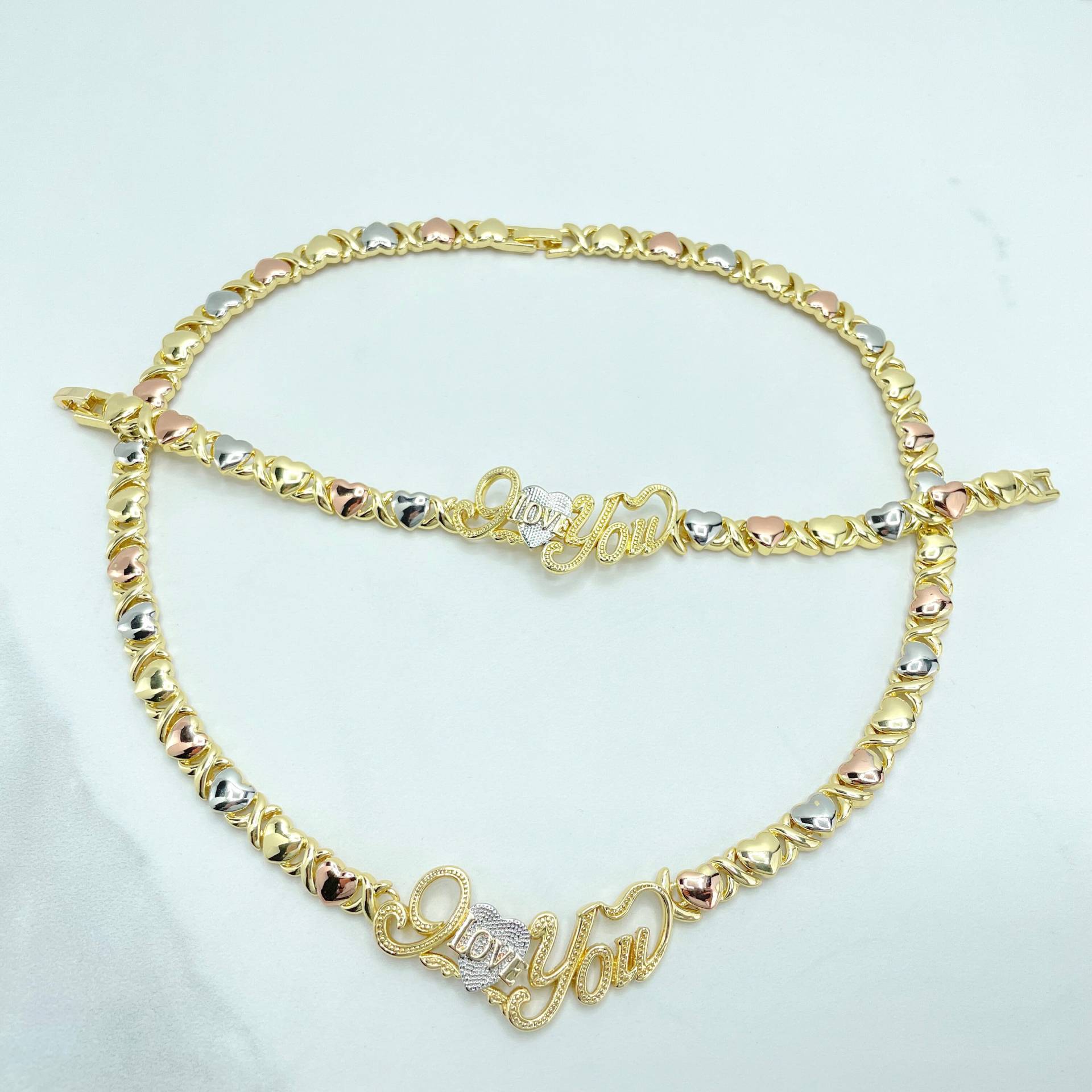 18K Gold Füllte Drei Ton, - Farbe ""Ich Liebe Dich" Herz, Xoxo Hug & Küsse Form Set, Halskette Und Armband, Schmuckzubehör." von DiJuJewels