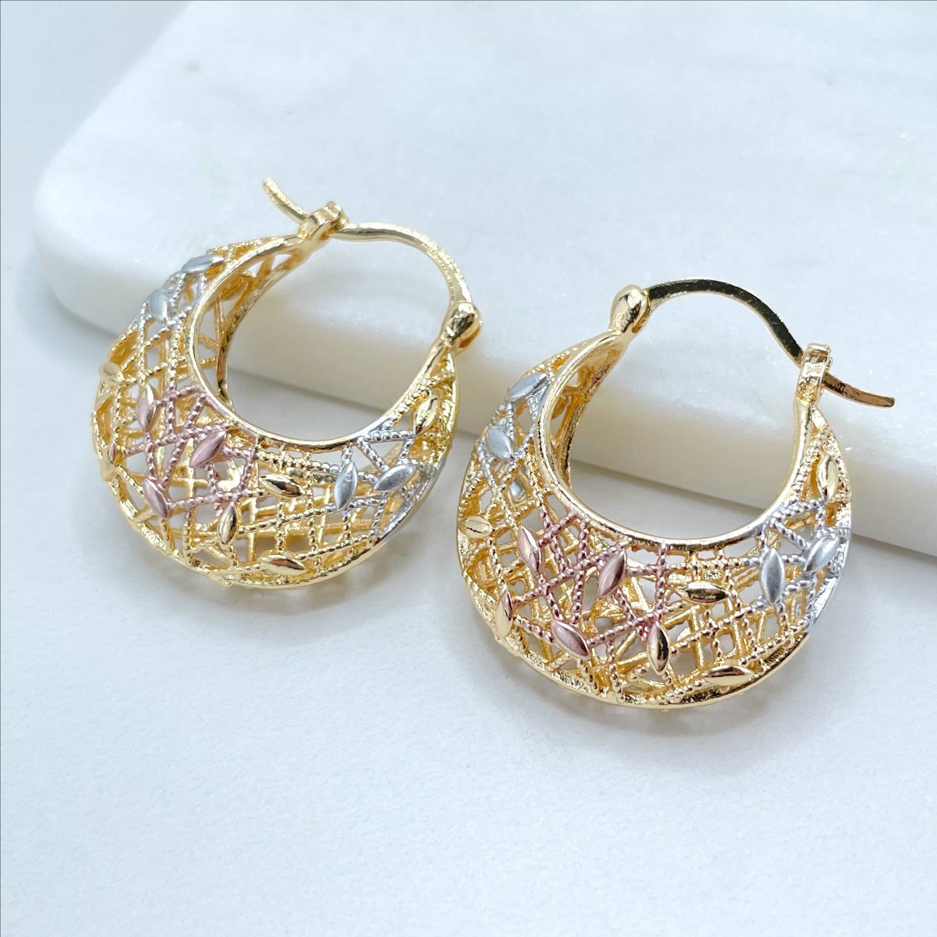 18K Gold Gefüllt, Tri Color 29 Mm Korb Ohrringe, 12 Dicke Großhandel Schmuck Machen Lieferungen von DiJuJewels