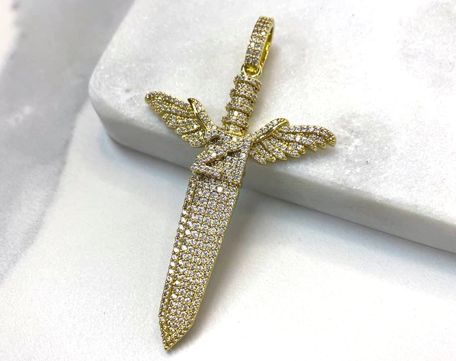 18K Gold Gefüllt Micro Pave Zirkonia Iced Out Schwert Mit Flügel Anhänger, Hip Hop, Herrenschmuck, Großhandel Schmuck Machen Lieferungen von DiJuJewels