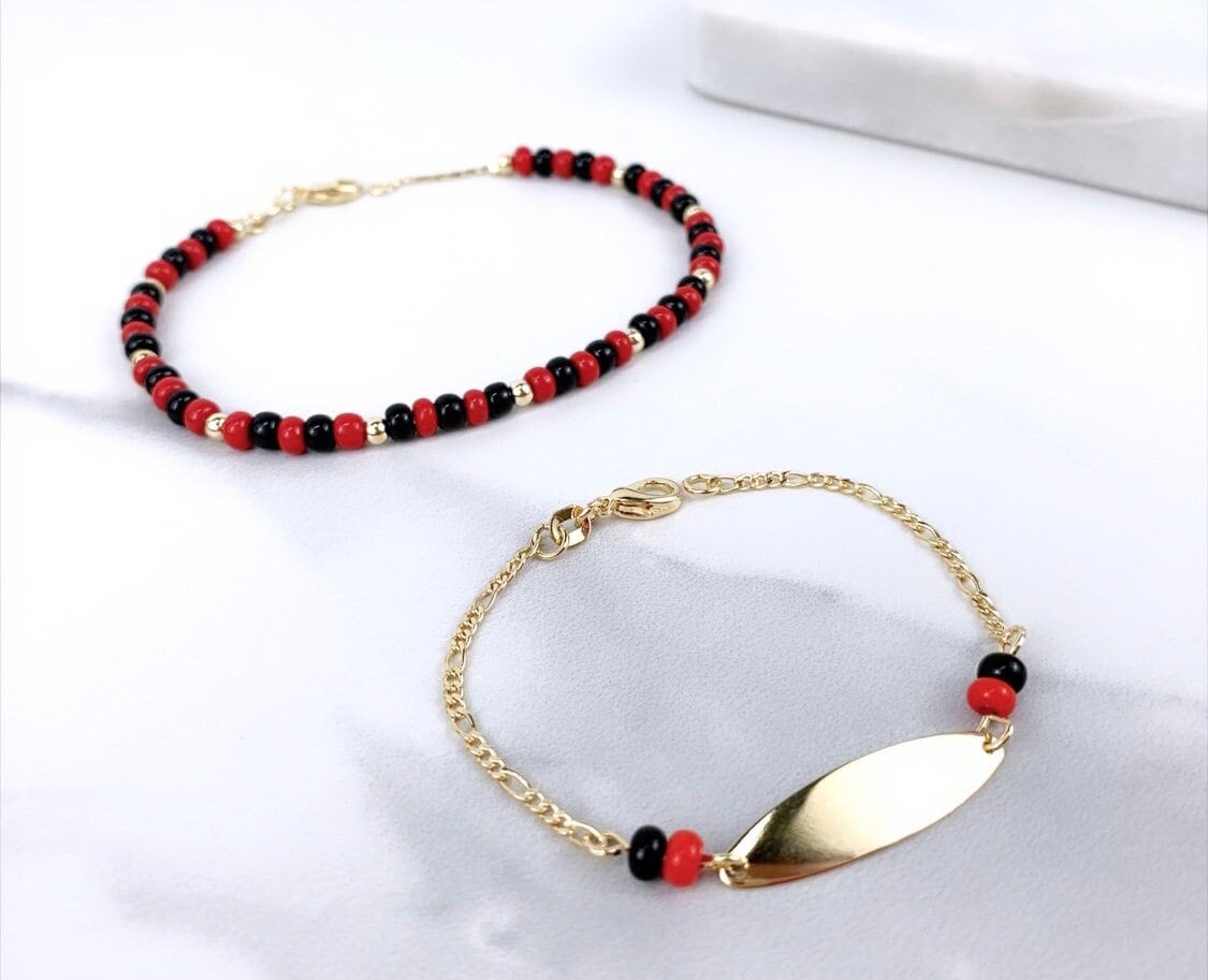 Mama Und Ich Passender Schmuck | 18K Gold Filled Figaro Link Id Kinder Armband Oder Schwarz Rot Perlen Mutter Großhandel Schmuckzubehör von DiJuJewels