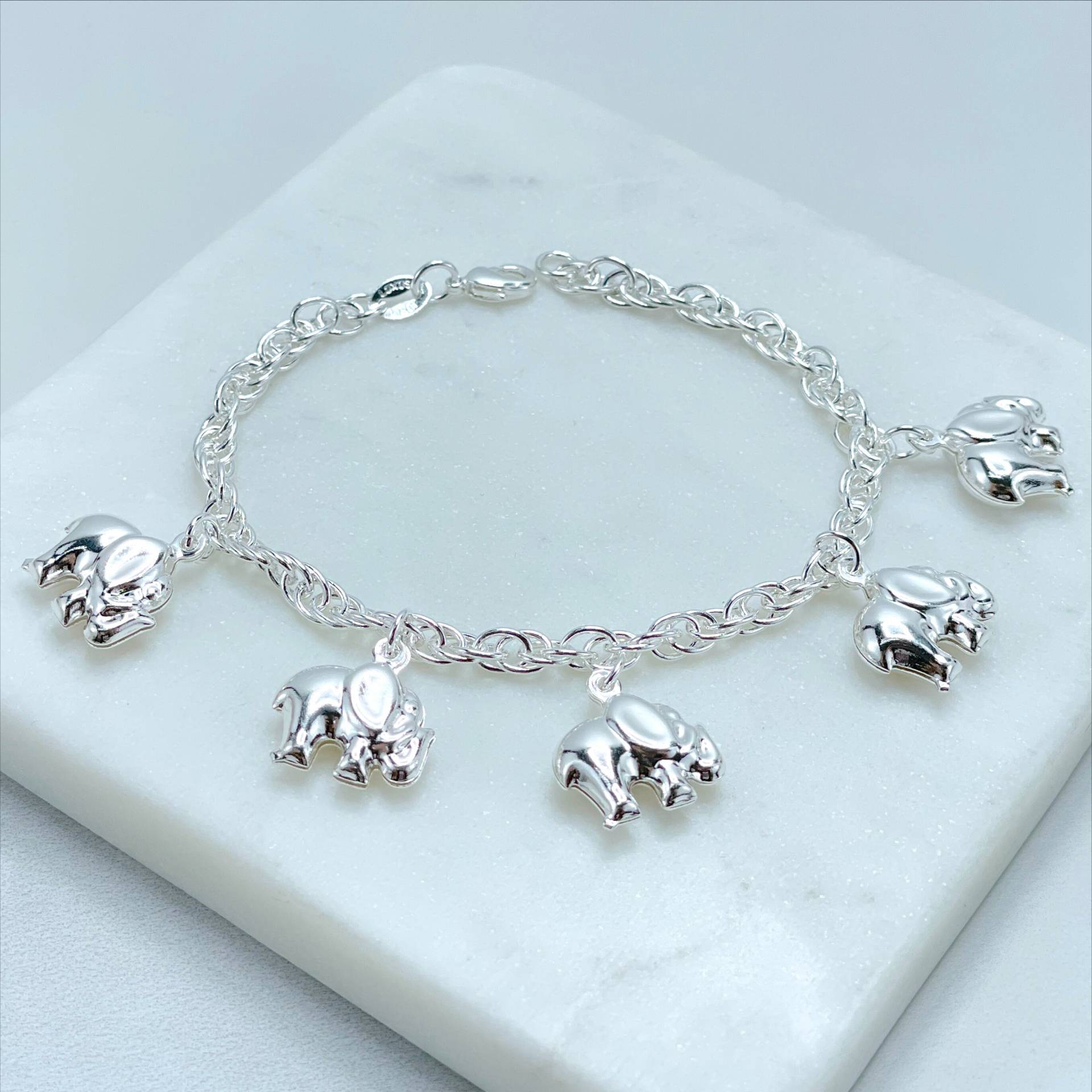 Silber Filled 4mm Rolo Singapore Kette Mit 3D Puffed Elephants Charms Armband, Glücksschutz & Schutz, Schmuckherstellung von DiJuJewels