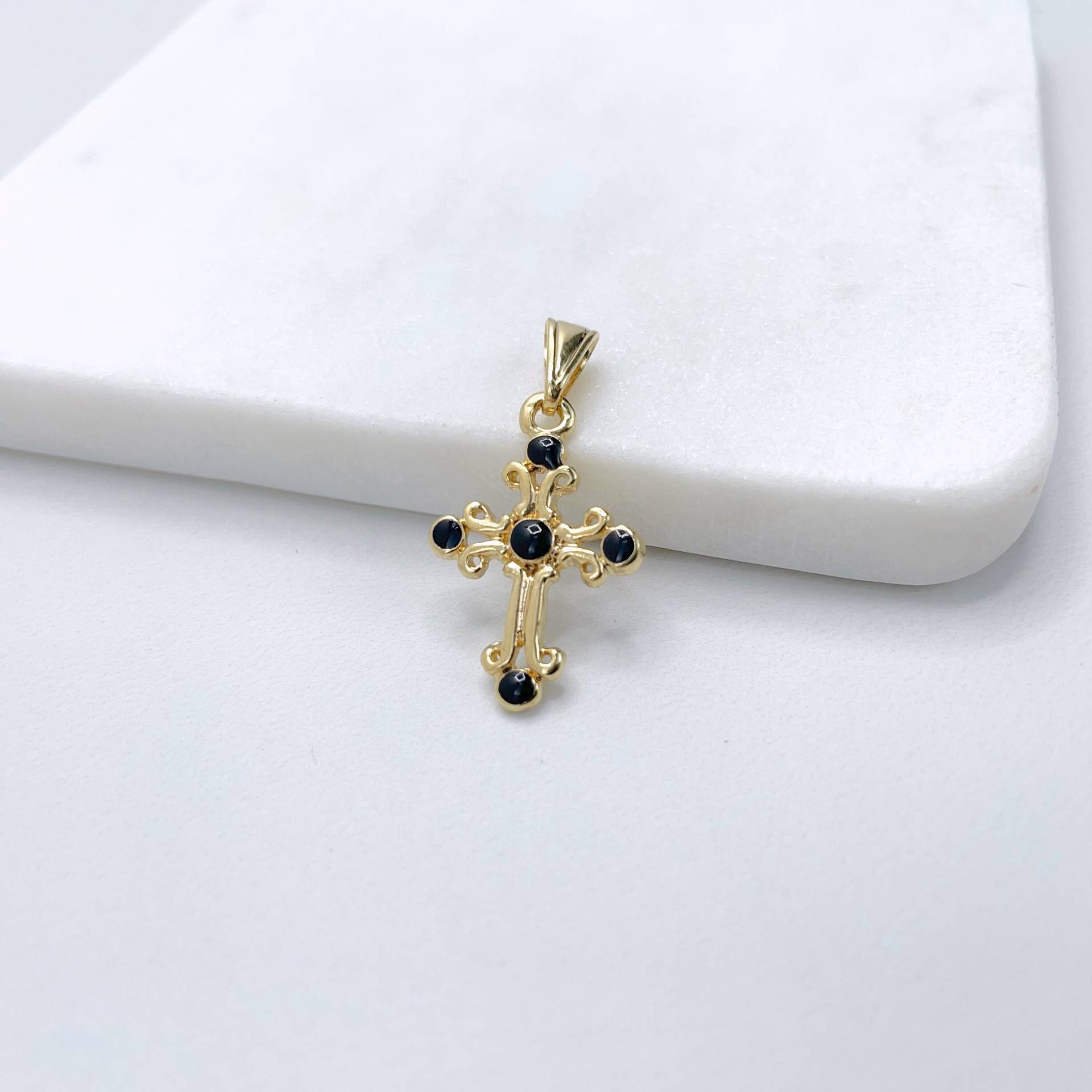 stilvolles 18K Gold Filled Kreuz 1, 2 Zoll Mit Schwarzen Perlen Details Charms Anhänger, Religiöser Schmuck, Großhandel Schmuckherstellung Zubehör von DiJuJewels