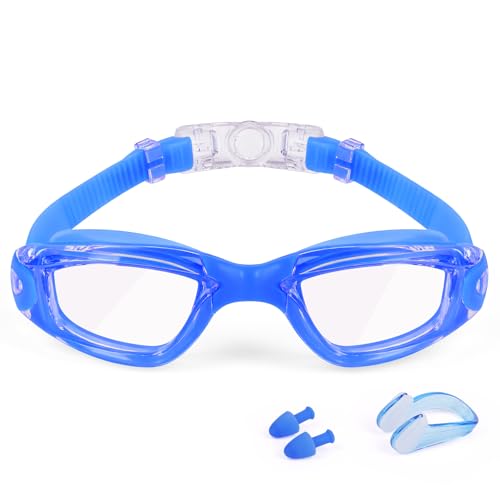 DiULi Schwimmbrille Herren Damen, Anti-Fog Schwimmbrille für Erwachsene, Profi Schwimmbrillen Brille mit Breiten Gläsern, UV-Schutz, mit Nasenklammer Ohrstöpseln(Blau-Flaches Licht) von DiULi