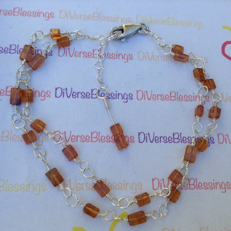 Granat, Hessonit, Orange, Echter Edelstein, Doppelstrang, Wire Wrapped, Perlenarmband, Sterling Silber, Karabinerverschluss, 9, 5" von DiVerseBlessings