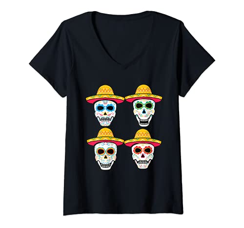 Damen Sugar Skull Sombrero Dia De Los Muertos Mexikanischer Totentag T-Shirt mit V-Ausschnitt von Dia De Los Muertos Cloths Day Of Dead Mexican