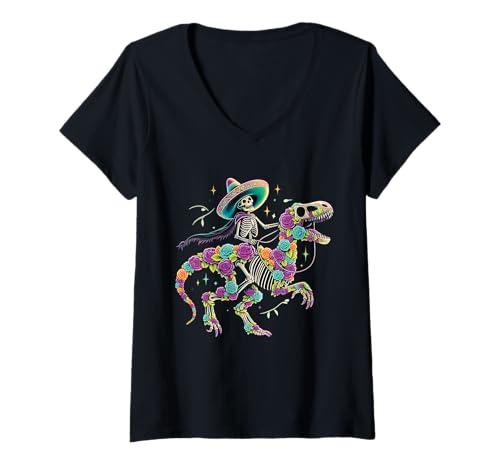 Damen Dia De Los Muertos Skelett Reiten Dinosaurier Jungen Herren Mexikaner T-Shirt mit V-Ausschnitt von Dia De Los Muertos Dinosaur Sugar Skull Men Women