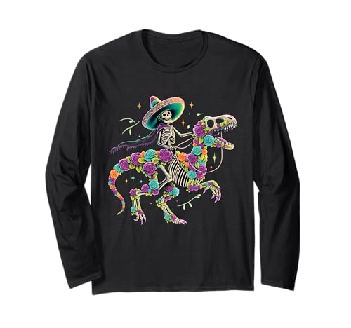 Dia De Los Muertos Skelett Reiten Dinosaurier Jungen Herren Mexikaner Langarmshirt von Dia De Los Muertos Dinosaur Sugar Skull Men Women