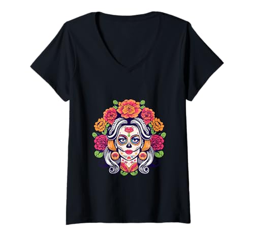 Damen Dia De Los Muertos Floral Sugar Skull La Catrina Damen Mädchen T-Shirt mit V-Ausschnitt von Dia De Los Muertos Floral Sugar Skull La Catrina