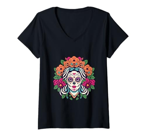 Damen La Catrina Day of Dead mit Blumen-Zuckerschädel von Dia De Los Muertos T-Shirt mit V-Ausschnitt von Dia De Los Muertos Floral Sugar Skull La Catrina