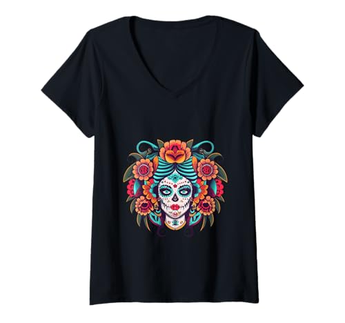 Damen La Catrina Day of Dead mit Blumen-Zuckerschädel von Dia De Los Muertos T-Shirt mit V-Ausschnitt von Dia De Los Muertos Floral Sugar Skull La Catrina