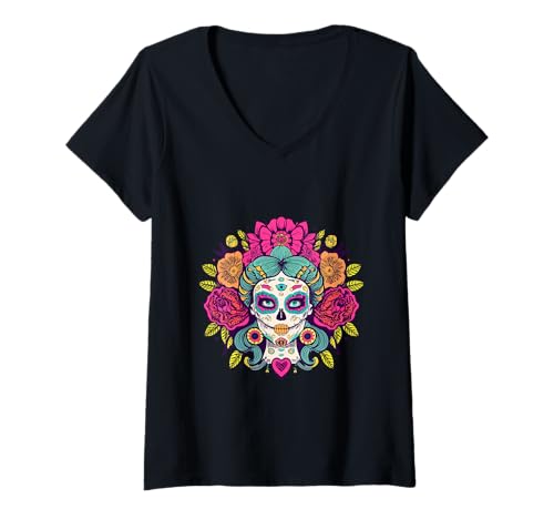 Damen La Catrina Day of Dead mit Blumen-Zuckerschädel von Dia De Los Muertos T-Shirt mit V-Ausschnitt von Dia De Los Muertos Floral Sugar Skull La Catrina