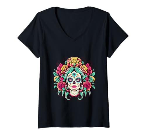 Damen La Catrina Day of Dead mit Blumen-Zuckerschädel von Dia De Los Muertos T-Shirt mit V-Ausschnitt von Dia De Los Muertos Floral Sugar Skull La Catrina