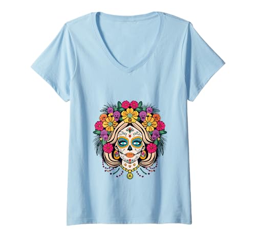 Damen La Catrina Day of Dead mit Blumen-Zuckerschädel von Dia De Los Muertos T-Shirt mit V-Ausschnitt von Dia De Los Muertos Floral Sugar Skull La Catrina