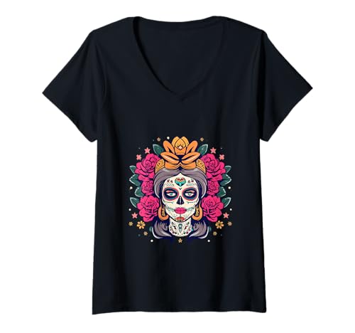 Damen La Catrina Day of Dead mit Blumen-Zuckerschädel von Dia De Los Muertos T-Shirt mit V-Ausschnitt von Dia De Los Muertos Floral Sugar Skull La Catrina