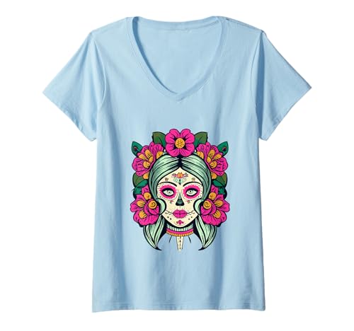 Damen La Catrina Day of Dead mit Blumen-Zuckerschädel von Dia De Los Muertos T-Shirt mit V-Ausschnitt von Dia De Los Muertos Floral Sugar Skull La Catrina