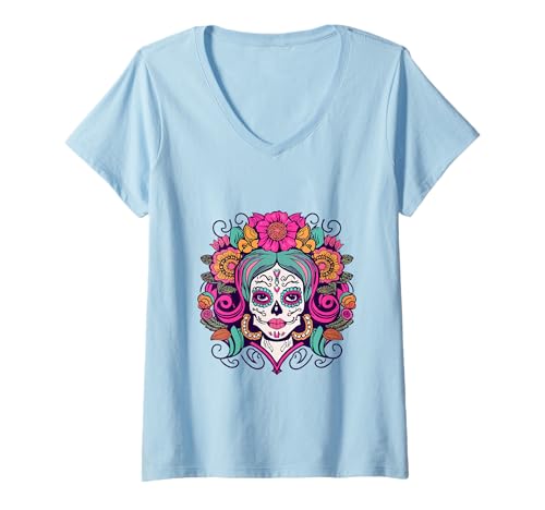 Damen La Catrina Halloween mit Blumen-Zuckerschädel von Dia De Los Muertos T-Shirt mit V-Ausschnitt von Dia De Los Muertos Floral Sugar Skull La Catrina