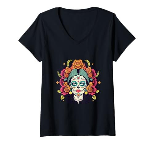 Damen La Catrina Halloween mit Blumen-Zuckerschädel von Dia De Los Muertos T-Shirt mit V-Ausschnitt von Dia De Los Muertos Floral Sugar Skull La Catrina