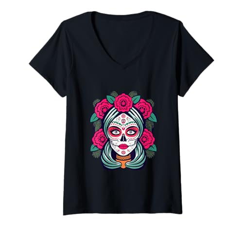 Damen La Catrina Halloween mit Blumen-Zuckerschädel von Dia De Los Muertos T-Shirt mit V-Ausschnitt von Dia De Los Muertos Floral Sugar Skull La Catrina