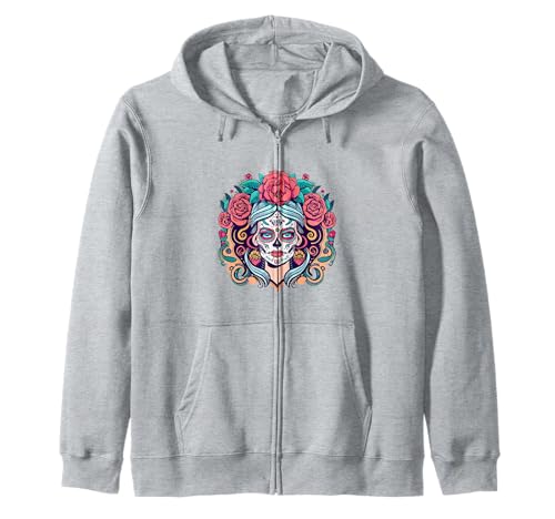 Dia De Los Muertos Floral Sugar Skull La Catrina Damen Mädchen Kapuzenjacke von Dia De Los Muertos Floral Sugar Skull La Catrina