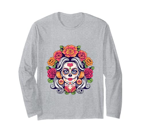Dia De Los Muertos Floral Sugar Skull La Catrina Damen Mädchen Langarmshirt von Dia De Los Muertos Floral Sugar Skull La Catrina