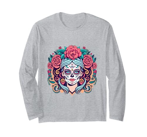 Dia De Los Muertos Floral Sugar Skull La Catrina Damen Mädchen Langarmshirt von Dia De Los Muertos Floral Sugar Skull La Catrina