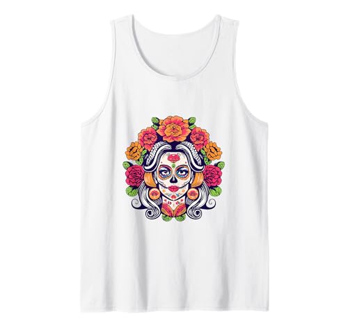 Dia De Los Muertos Floral Sugar Skull La Catrina Damen Mädchen Tank Top von Dia De Los Muertos Floral Sugar Skull La Catrina