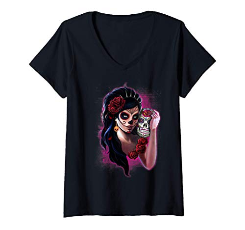 Damen Día de los Muertos La Catrina Day of the Dead Sugar Skull T-Shirt mit V-Ausschnitt von Día de los Muertos La Catrina Day of the Dead Gift