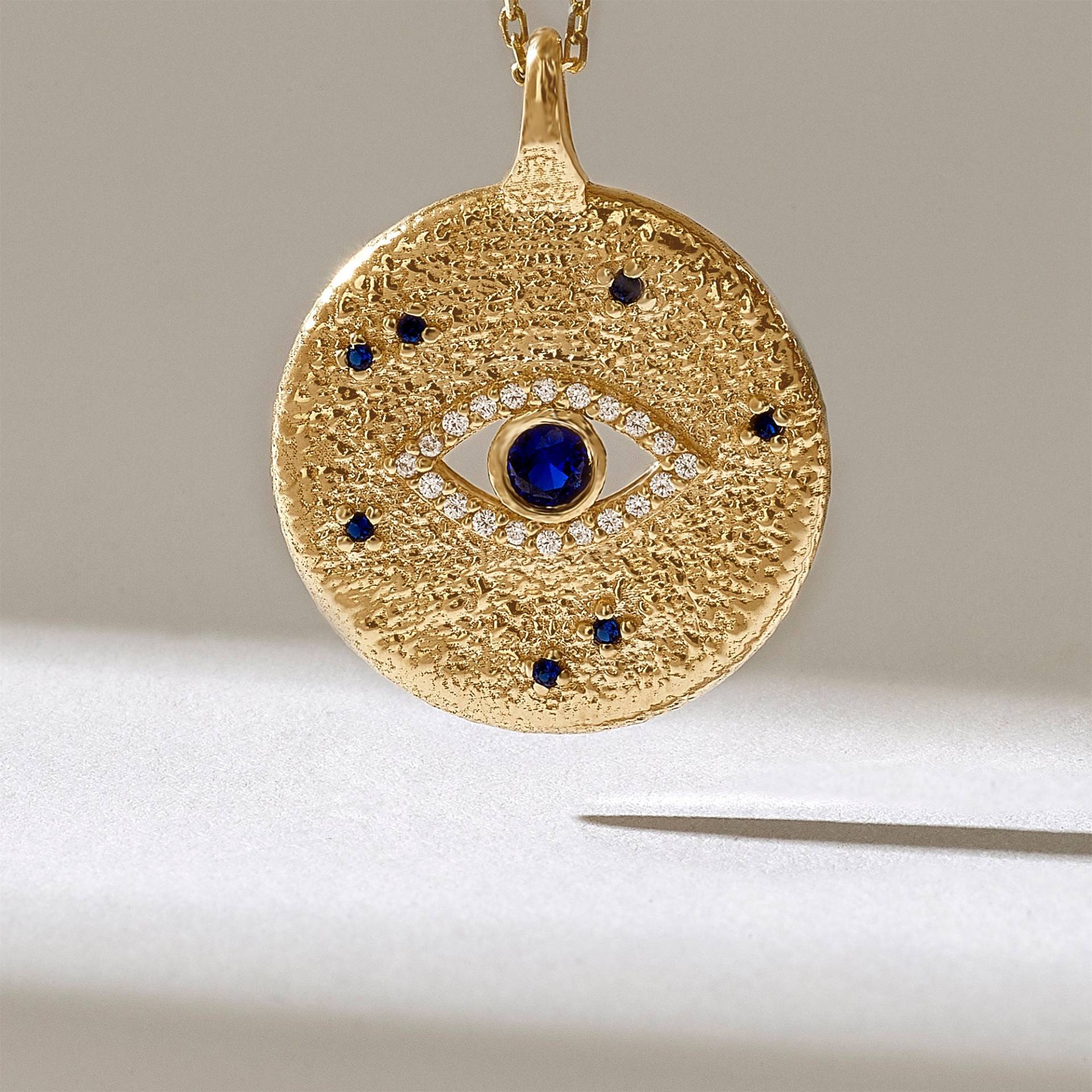 14K Solid Gold Evil Eye Halskette, Saphir Und Diamant Drittes Auge Anhänger Für Frauen, Dainty Disc Spiritueller Schmuck Geschenk Sie von DiaFineJewelry