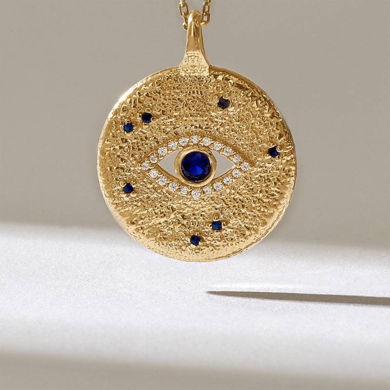 14K Solid Gold Evil Eye Halskette, Saphir Und Diamant Drittes Auge Anhänger Für Frauen, Dainty Disc Spiritueller Schmuck Geschenk Sie von DiaFineJewelry