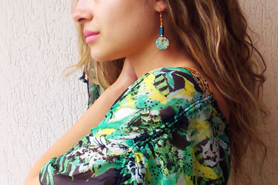 Blau Grün Keramik Ohrringe Vergoldete Ohrhänger von DiaStyle