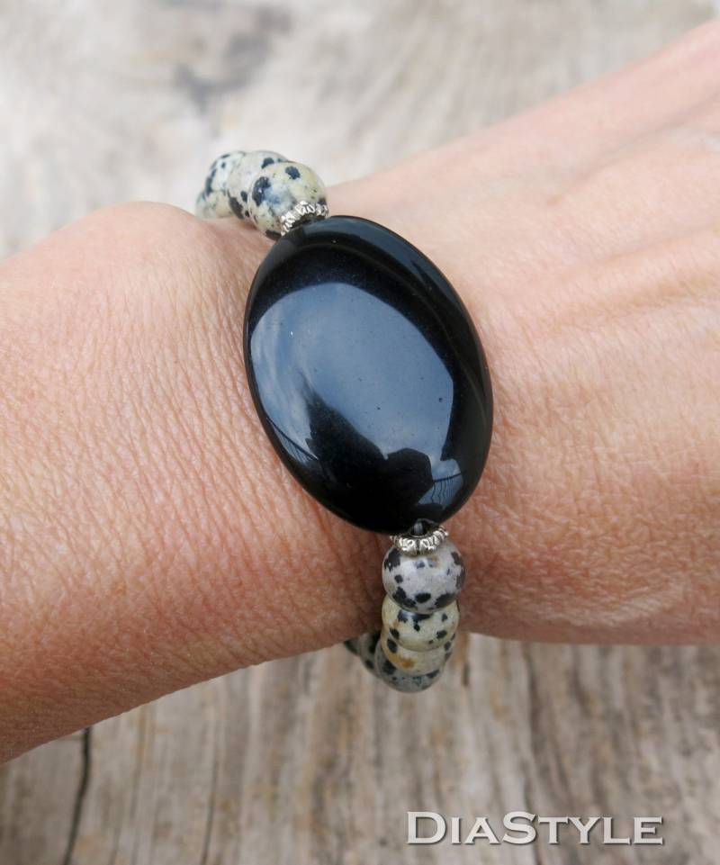 Dalmatiner Jaspis & Schwarzer Onyx Perlen Statement Armband von DiaStyle