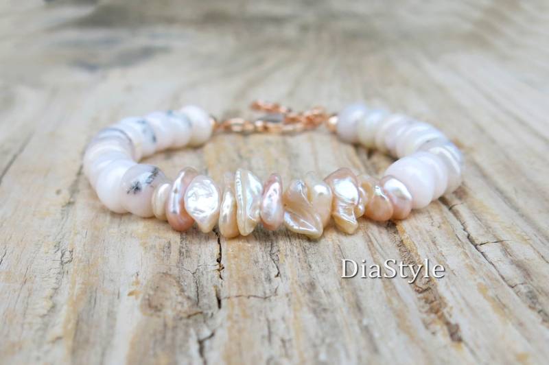 Pink Opal Heishi & Süßwasserperlen Armband - Roségoldverschluss von DiaStyle
