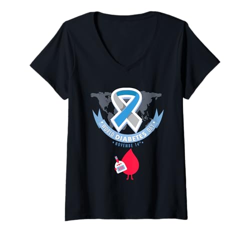 Damen Diabetes Bewusstsein Monat Diabetiker Blau Love Ribbon T1D T2D T-Shirt mit V-Ausschnitt von Diabetes Awareness Month Blue Love Ribbon Diabetic